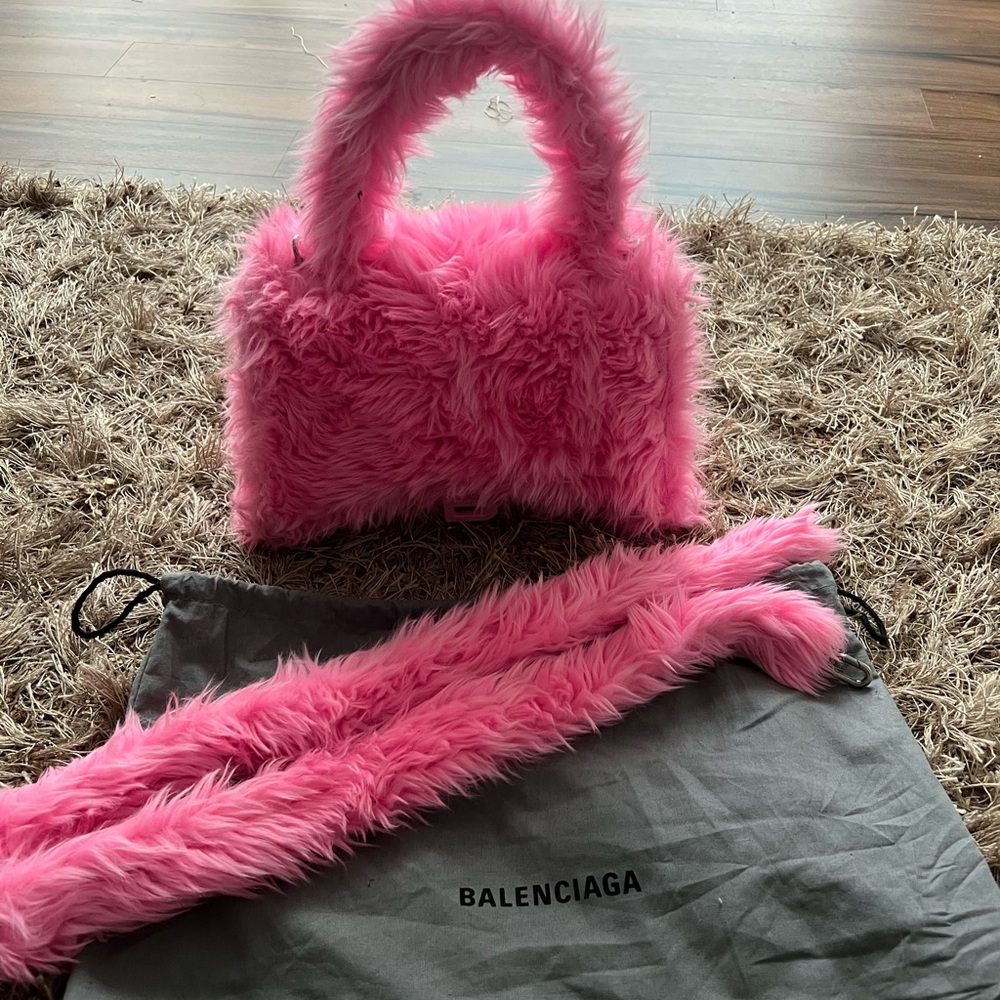 Balenciaga fluffy faux fur hourglass bag